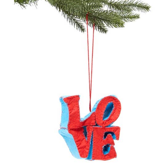 The Philadelphia LOVE statue, as a felted ornament. Red, with blue sides. Three dimensional. Hand-stitched